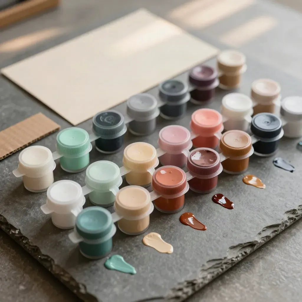 Acrylverfset met open potjes, mintverfspoor en kartonnetje op een stenen plaat.