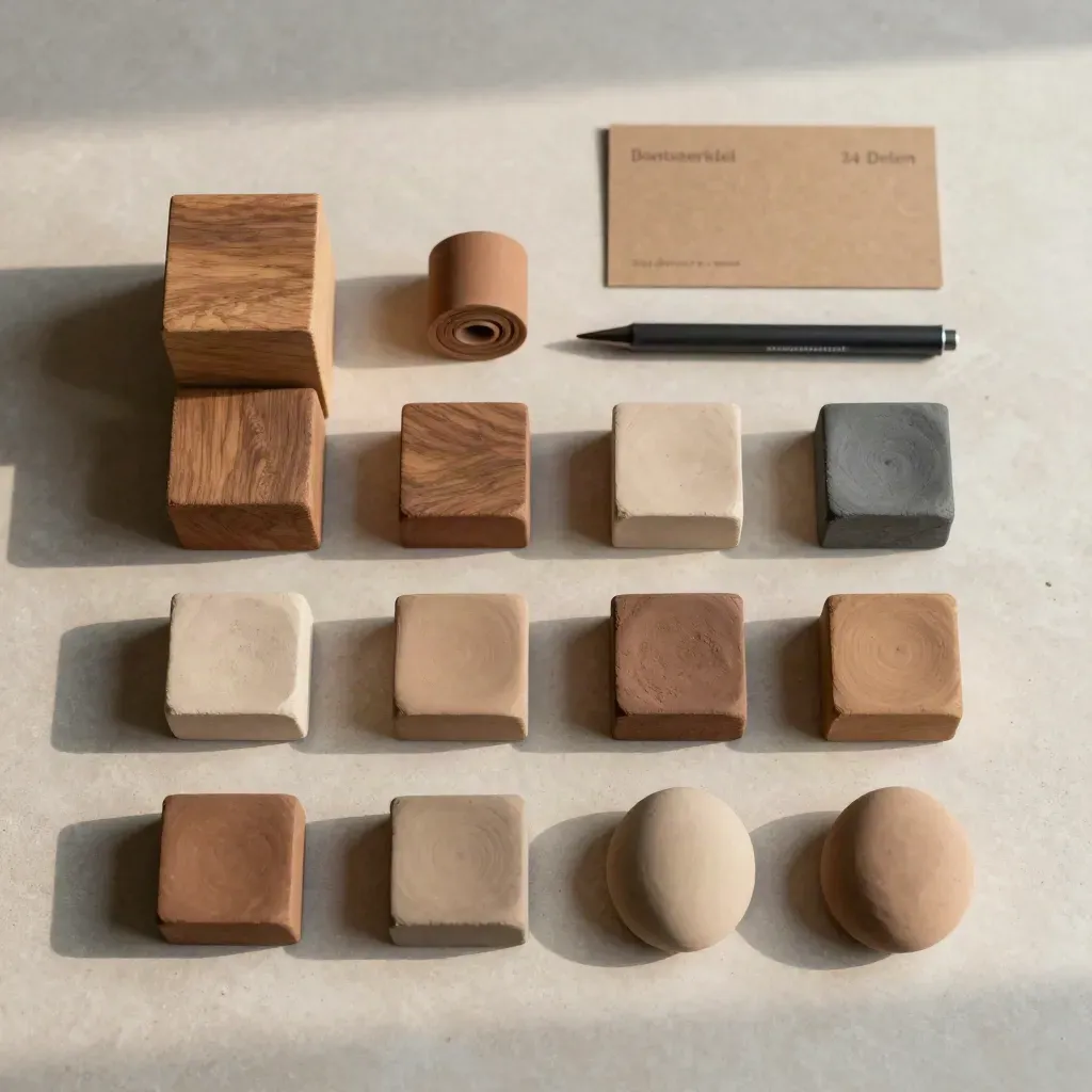 Overhead flatlay van boetseerklei, vormtools en kleiblokken op kalksteen.