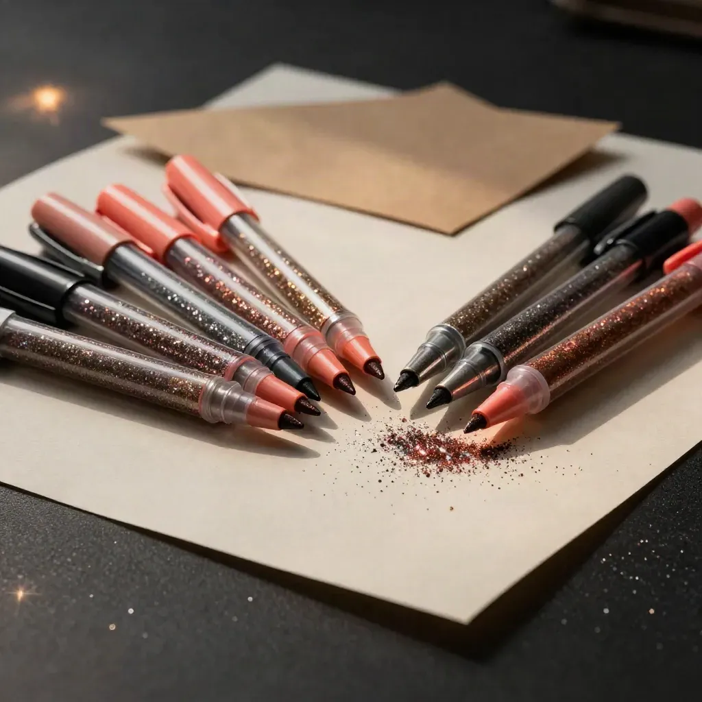 Zes glitterstiften waaieren open over papier met glittersporen en fonkelstof op een zwarte ondergrond.