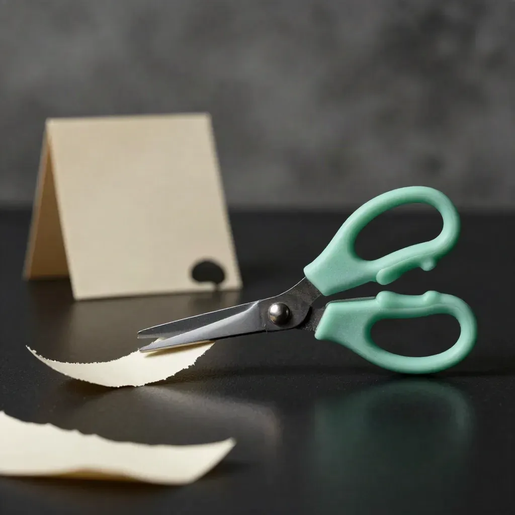 Dramatische productfoto van een rechtshandige kinderschaar boven een vers geknipte papierstrook.